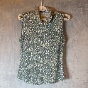 Tommy Hilfiger Womens Medium Floral Sleeveless Top Zip Front Navy Green Blouse